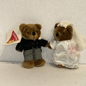 Vtg Dakin Bride & Groom Bear Holding Hands Plush Wedding Bears Original Tag P3